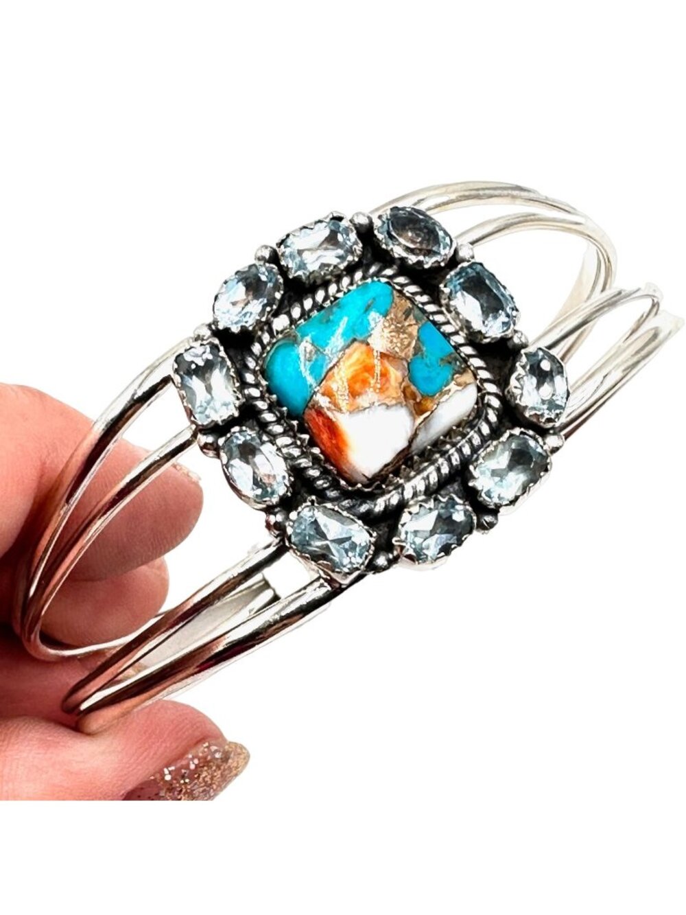 Spiny Oyster & Aquamarine Sterling Silver 7 1/4" Cuff Bracelet 54 Grams